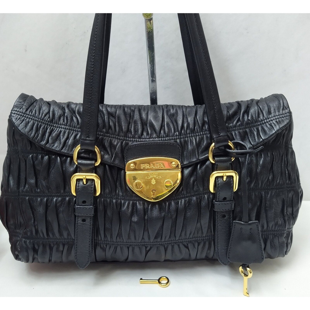 Prada Black Gaufre Nappa Leather Push Lock Double Handle Satchel Shoulder Bag - Picture 2 of 16